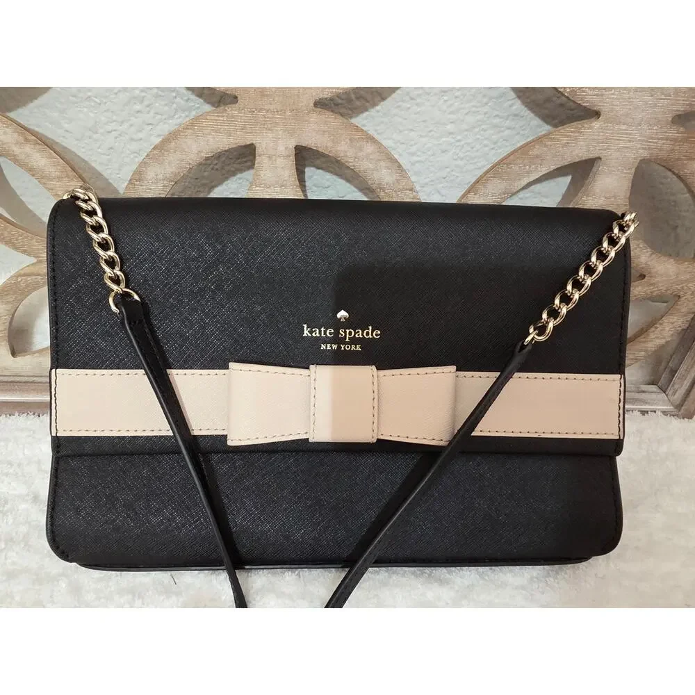 Kate Spade Kirk Park Leather Veronique Crossbody Black/ Taupe Bow (P6)